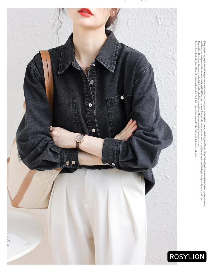 Ladies Black Denim Shirt Women Casual Sun Protection Loose Thin Long-sleeved Cotton Shirt Coat Button Up Top Top Streetwear S-XL