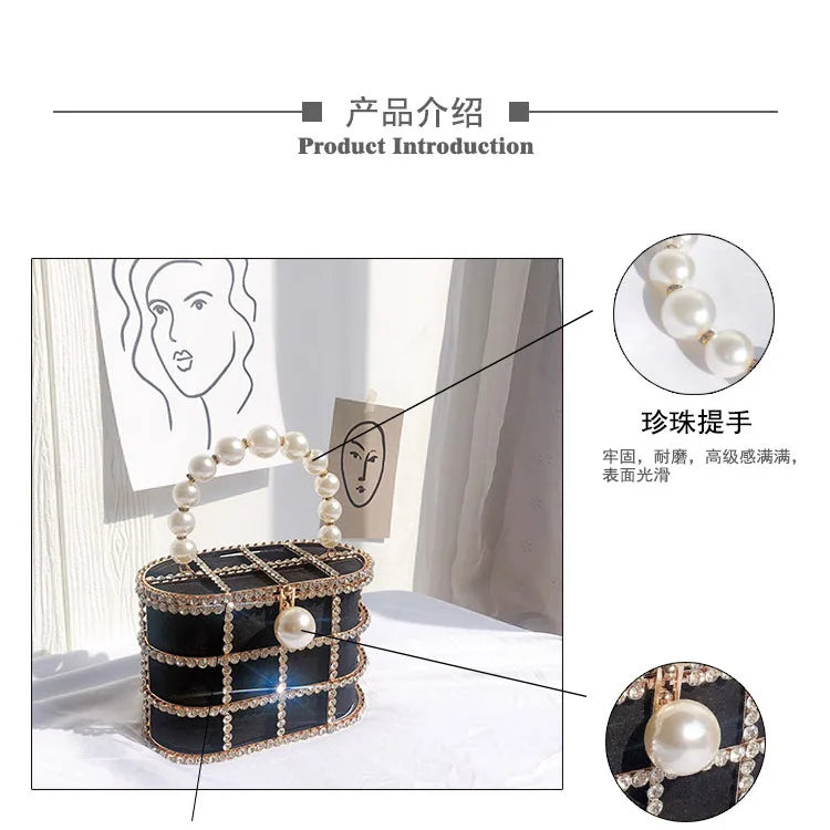 Diamonds Basket Evening Clutch Bags Women Luxury Hollow Out Pearl Beaded Metallic Cage Handbags Ladies Wedding Party Purse