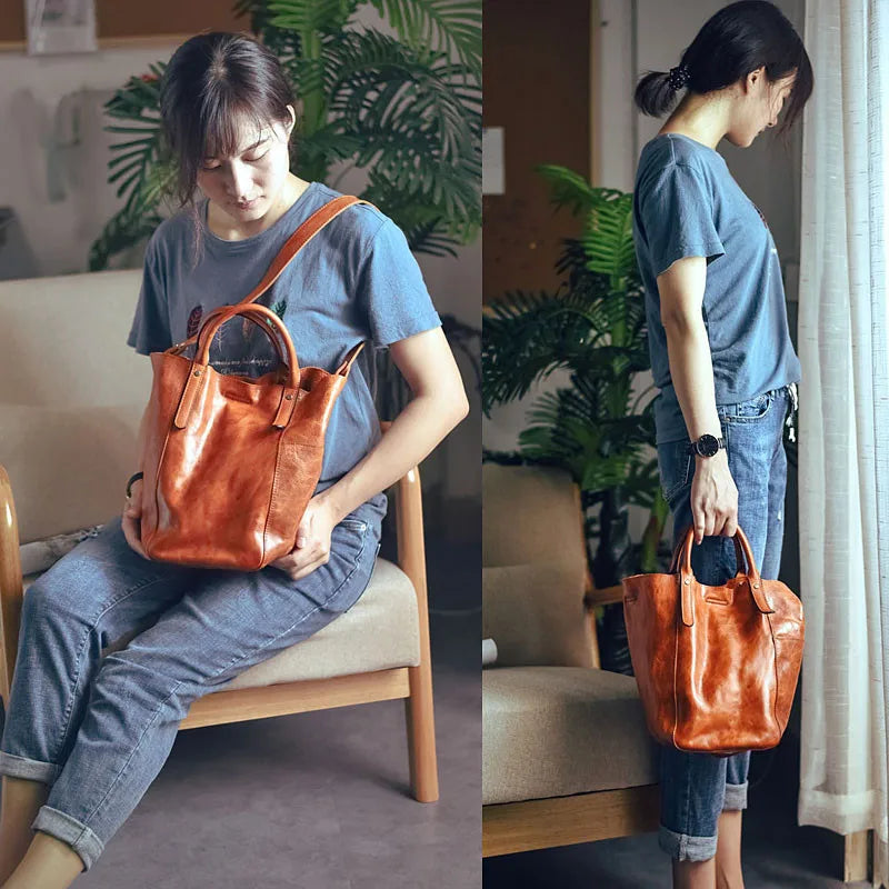 Fashion simple genuine leather women's tote bag designer vintage luxury real cowhide ladies weekend party shopping shoulder bag