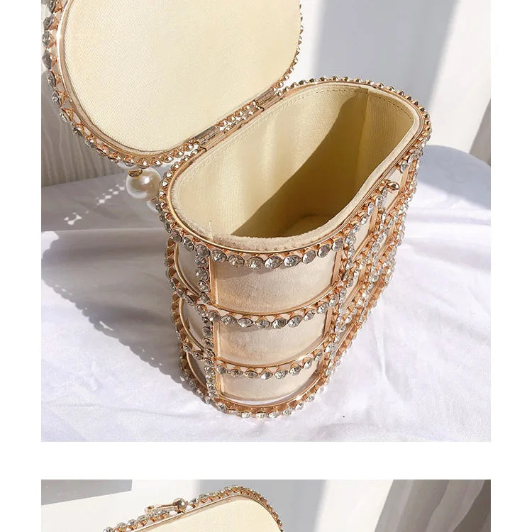 Diamonds Basket Evening Clutch Bags Women Luxury Hollow Out Pearl Beaded Metallic Cage Handbags Ladies Wedding Party Purse