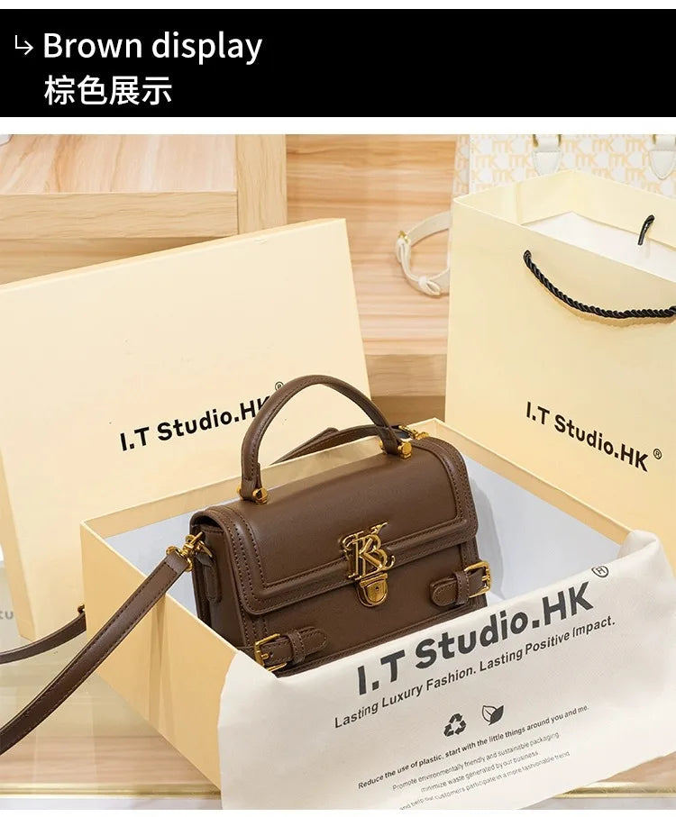 Luxury Women's Genuine Leather Handheld Small Square Bag with Advanced Texture Retro Bag 2024 New Designer One Shoulder Crossbod