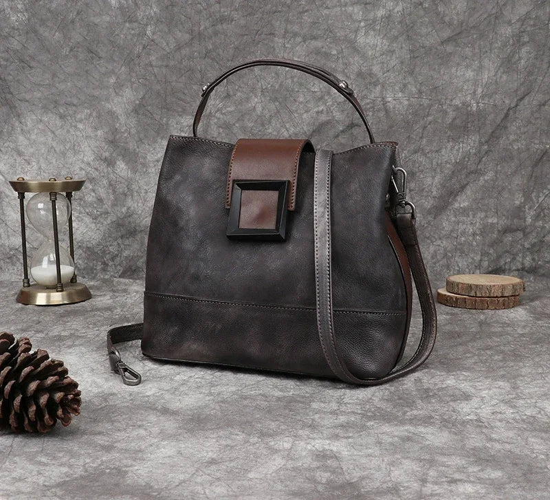 GAGACIA Handmade Green Women's Handbag Retro Genuine Leather Bucket Bag Woman Shoulder Bags Cowhide Luxury Women Brand Handbags