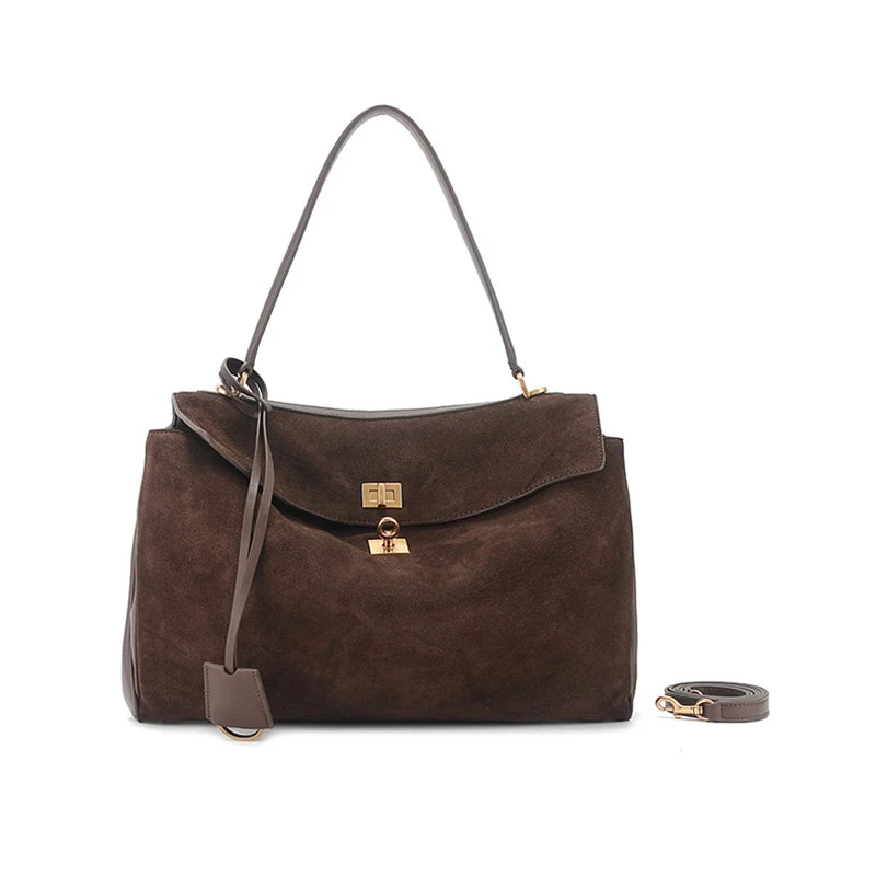 2024 Winter Fashion Gold Buckle Women Handbags Genuine Leather Brown Suede Women Shoulder Bags Luxury Brand Rodeo Women Totes