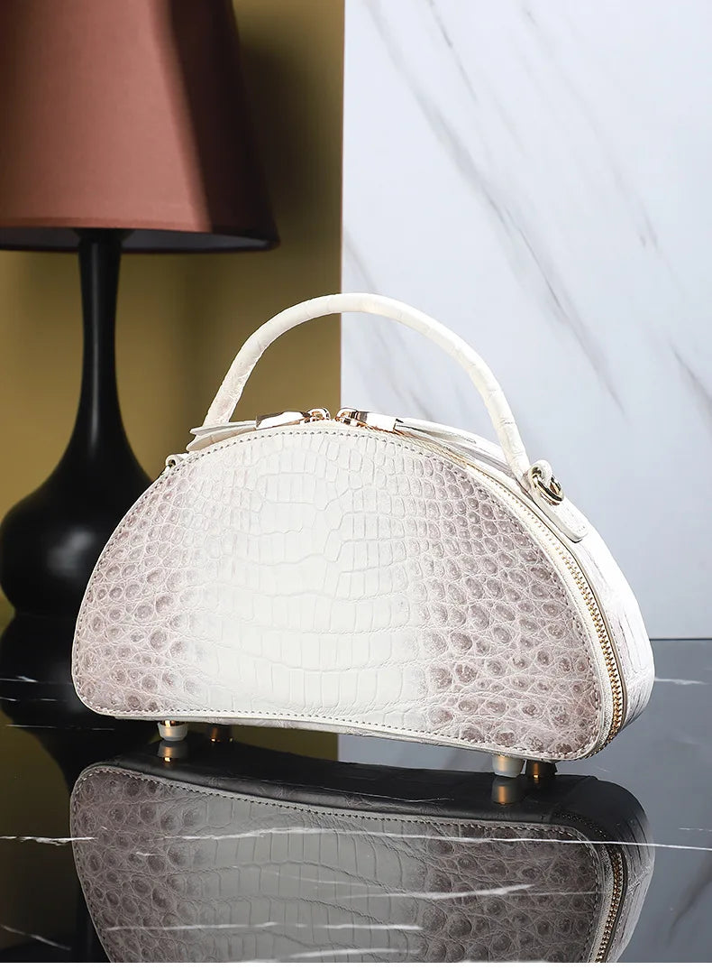 2024 Luxury Crocodile Leather Himalayan White Crossbody Bag For Women's Genuine Leather Half Round Saddle Bag Fashion Handbag 45