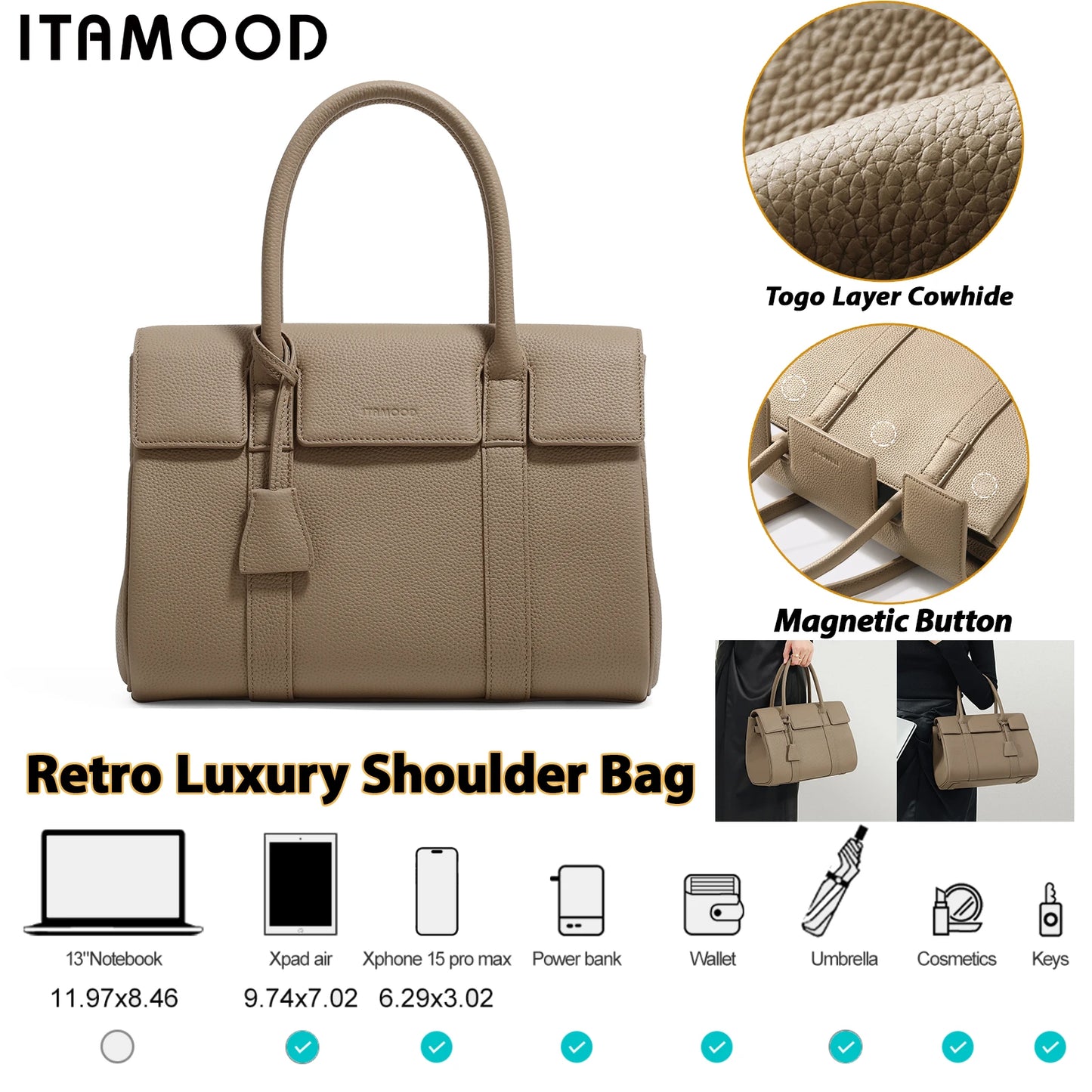 ITAMOOD Women Handbag New High-end Cowhide Tote Bag Leather White-collar Togo Top Layer Large Capacity Handbag for Cosmetic