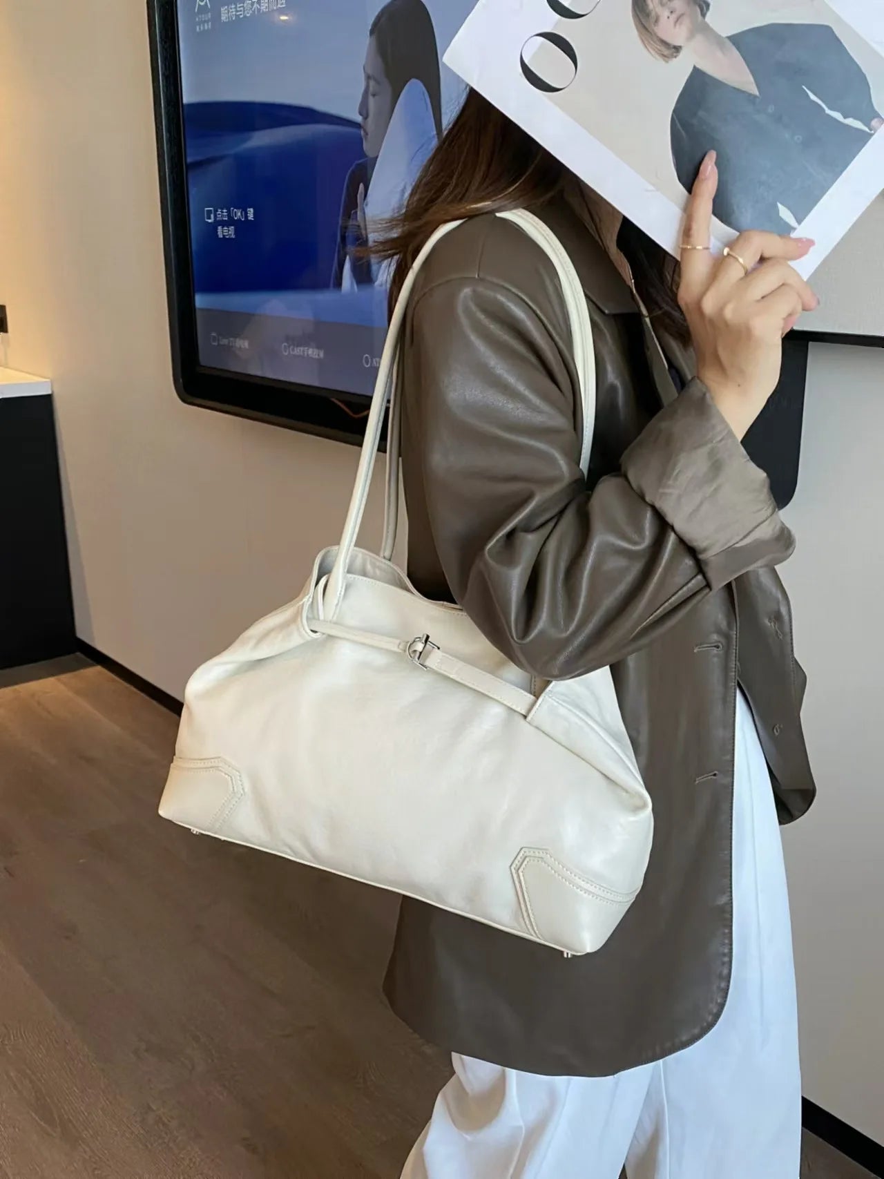 First Layer Cow Leather Female Tote Beige Coffee Luxury Design Long-handle Handbag Practical and Durable Armpit Shoulder Bag