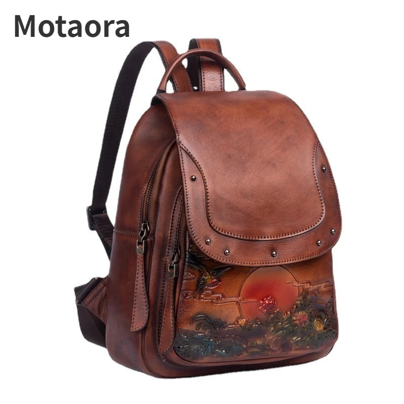 MOTAORA Vintage Embossed Women Backpack Genuine Leather Book Bag Soft Cowhide Luxury Backpacks For School Teenagers Girls New