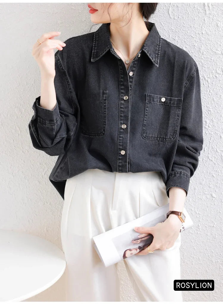 Ladies Black Denim Shirt Women Casual Sun Protection Loose Thin Long-sleeved Cotton Shirt Coat Button Up Top Top Streetwear S-XL