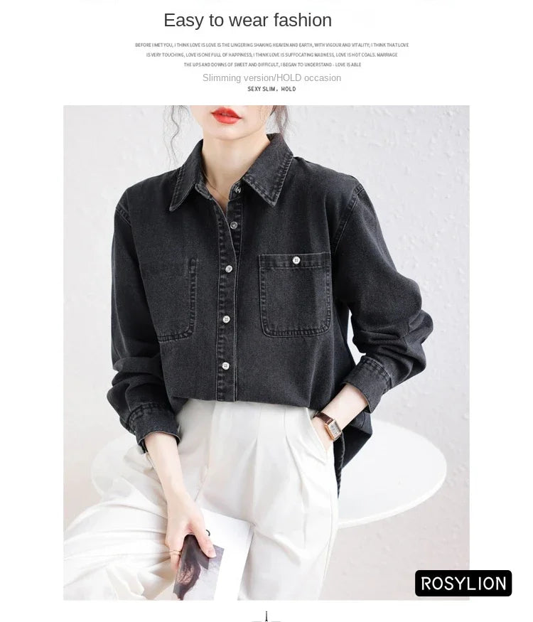 Ladies Black Denim Shirt Women Casual Sun Protection Loose Thin Long-sleeved Cotton Shirt Coat Button Up Top Top Streetwear S-XL