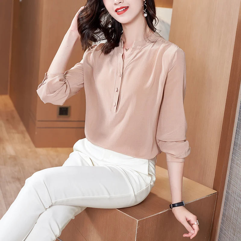 100% Silk Blouse Women Shirt Solid V Neck Long Sleeve  Casual Simple Top Elegant Style New Fashion