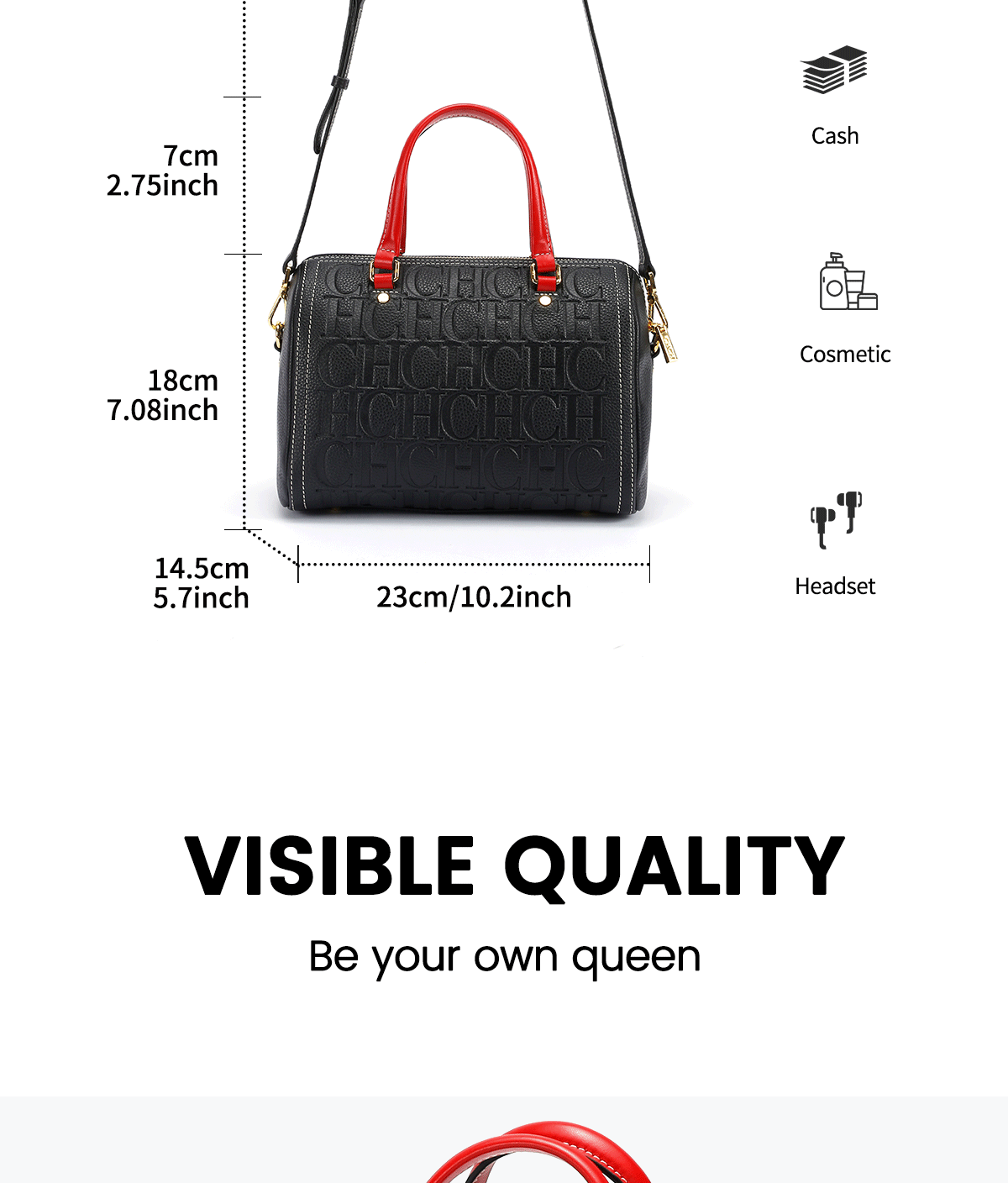 CHCH Women's Shoulder Bag 2024 New Black Cow Leather Letter Embossed Zipper Tote Bag 26*14.5*18cm