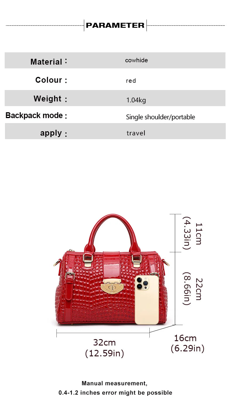 Aidrani Red Crocodile Tail Boston Bag, Fashion Women's Genuine Leather Bag, Cowhide Handbag  Single Shoulder Bag