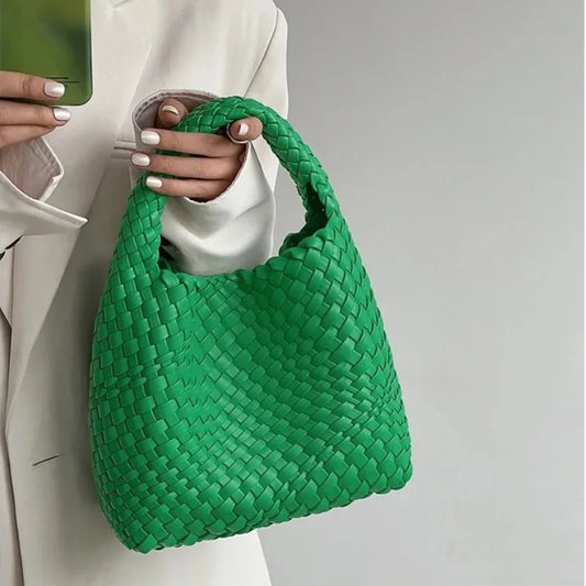 2023 Summer Leather Woven Tote Bag Brand Design Women Handbags Luxury Soft Pu Leather Tote Bag Pink Green Shopper Purses