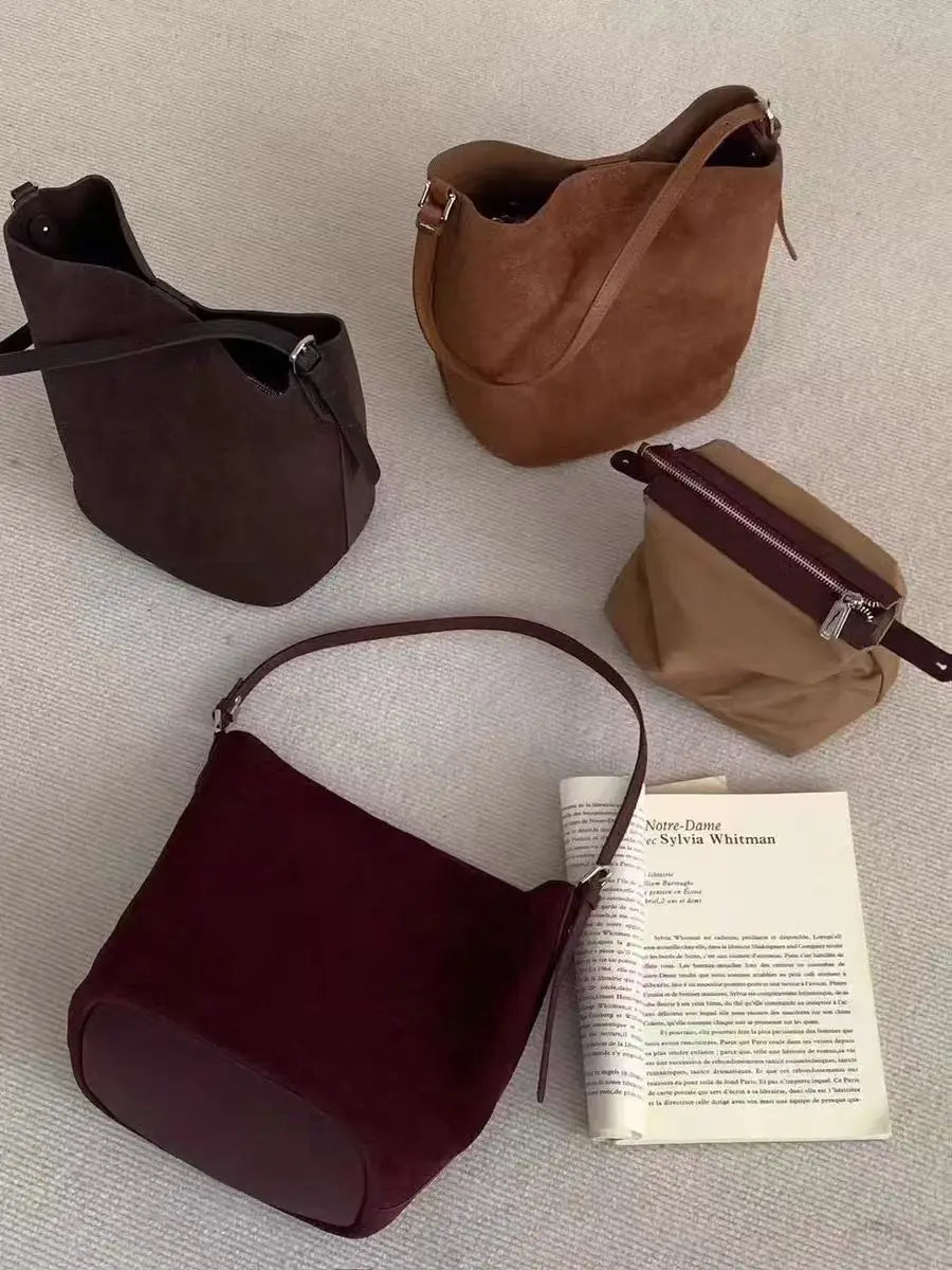 Maillard Design Simple Luxury Coffee Wine Red Bucket Tote Winter Thick Matte Suede Cow Leather Women Crossbodby Shoulder Bag