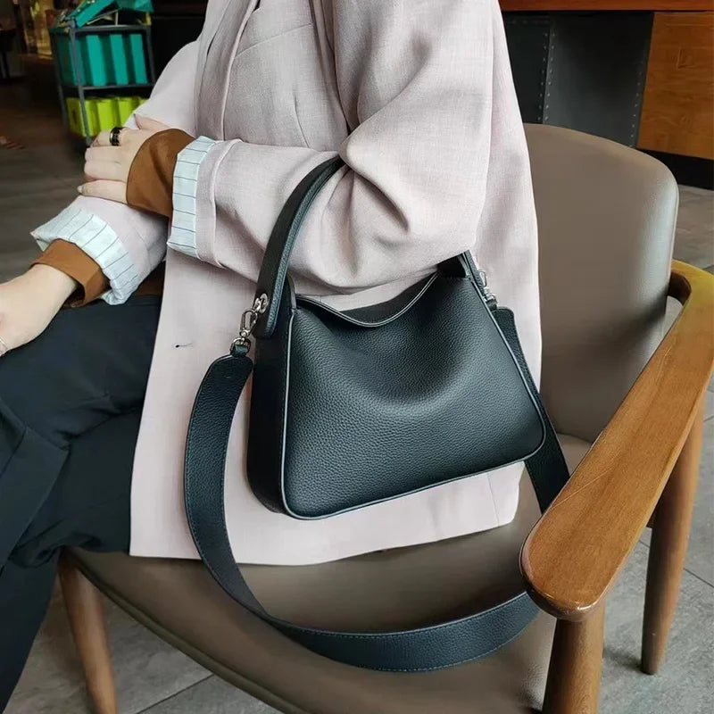 Elegant 100% Natural Togo Cowhide Leather Tote Wide Straps Female Shoulder Bag Grey Black Doctor Bag Luxury Girl Handbag