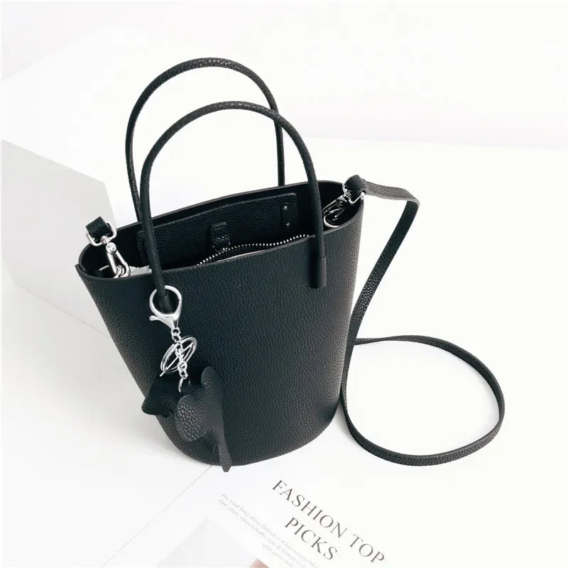 2024 Most Popular Togo Cowhide Leather Bucket Bag Small Neat All-match Elegant Women Shoulder Bag with Elephant Ornaments