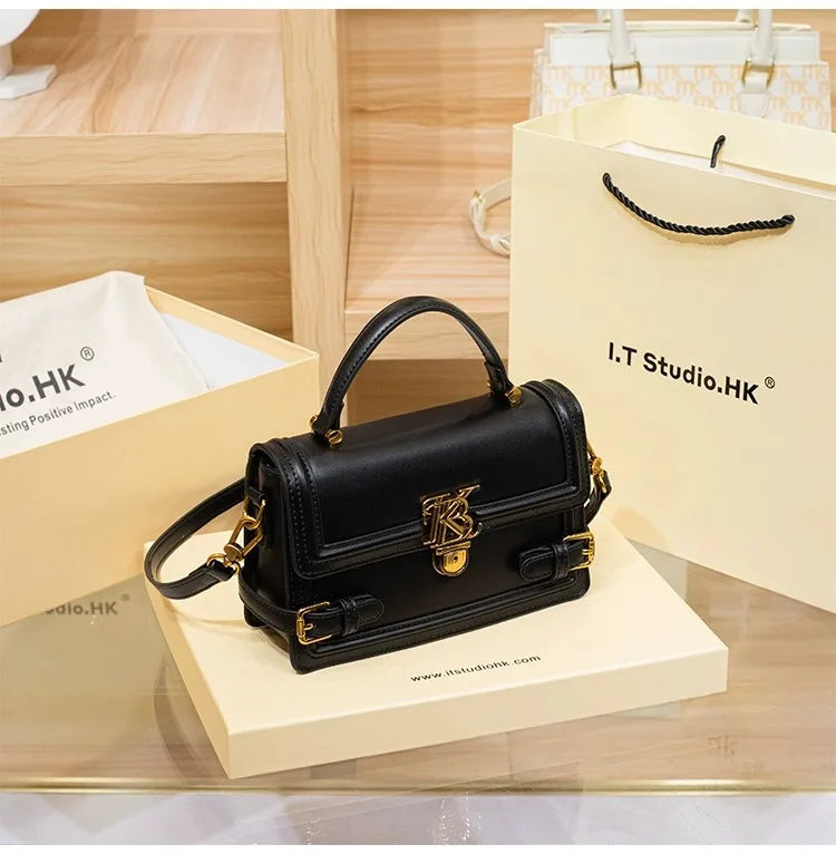 Luxury Women's Genuine Leather Handheld Small Square Bag with Advanced Texture Retro Bag 2024 New Designer One Shoulder Crossbod