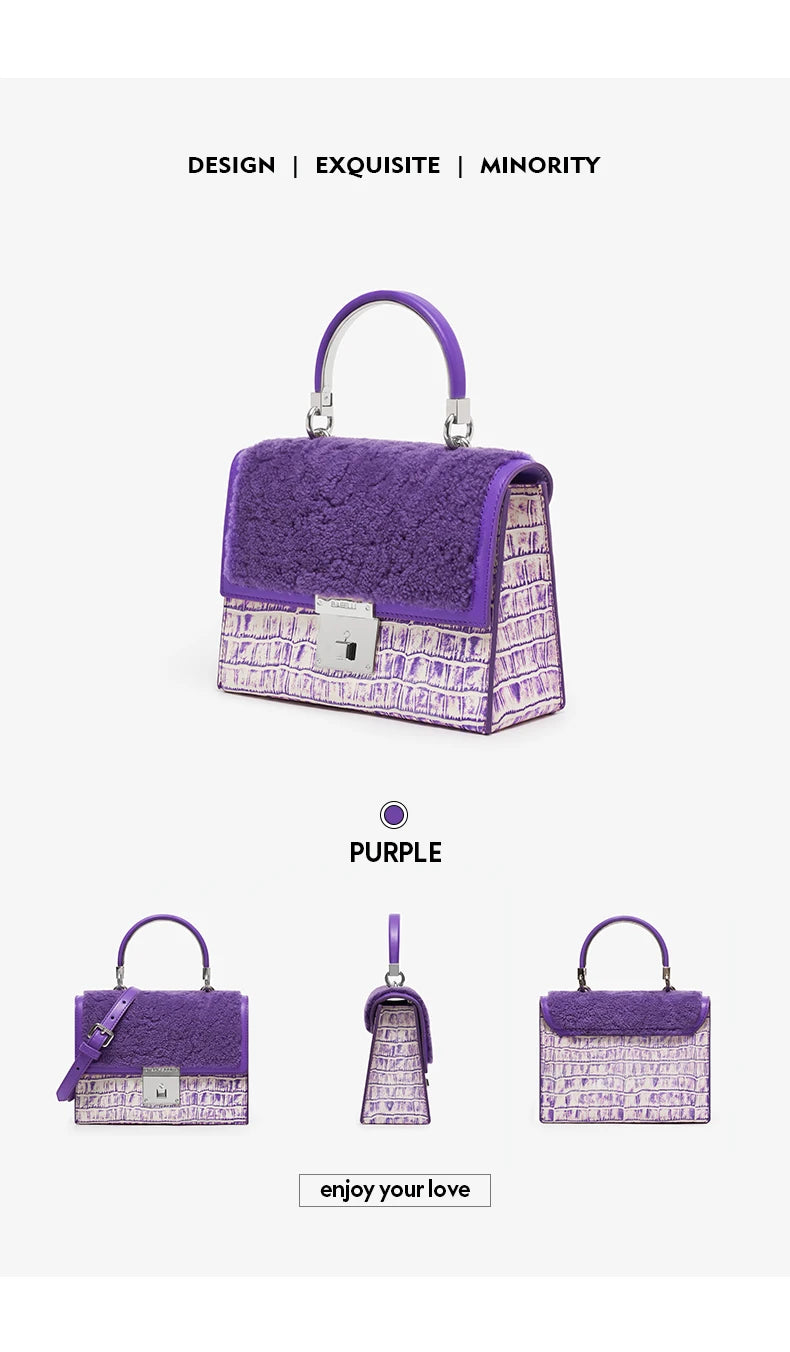 BAFELLI 2023 WOMNE'S NEW HANDBAG LUXURY BRAND K GOLD SERIES FASHION PURPLE EVENING PURSE SHOULDER WINTER STYLE WOOL CASUAL