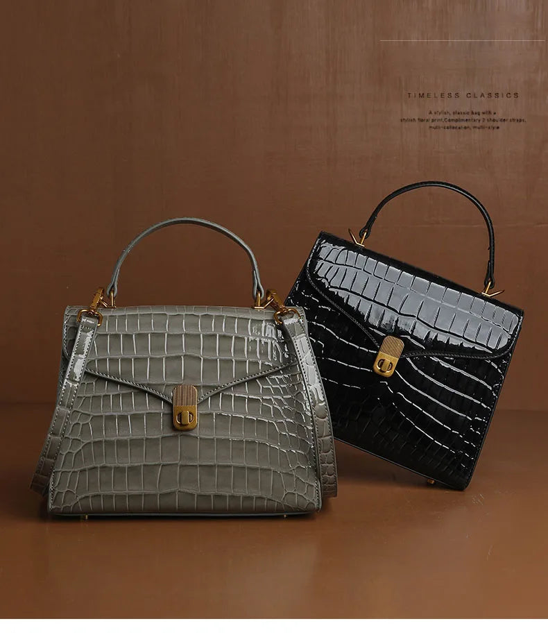 Luxury Handheld Cowhide Crocodile Pattern Bag for Women's Genuine Leather Bag 2024 Autumn New High Fashion Women's Bag