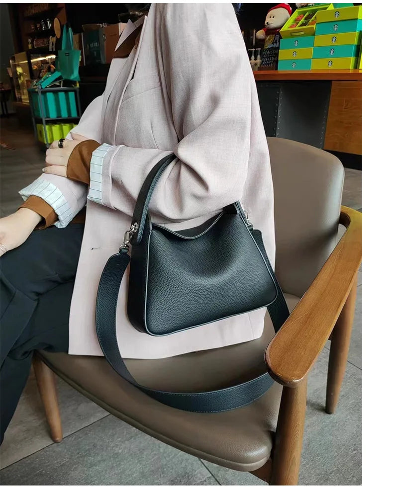 Elegant 100% Natural Togo Cowhide Leather Tote Wide Straps Female Shoulder Bag Grey Black Doctor Bag Luxury Girl Handbag