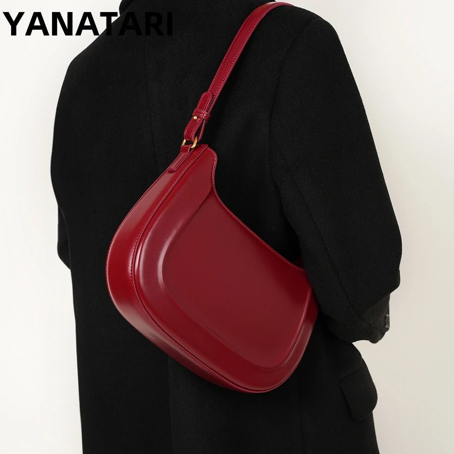 Genuine leather red shoulder bag woman minimalist crossbody bag cowhide handbags female luxury bag armpit bag saddle bag