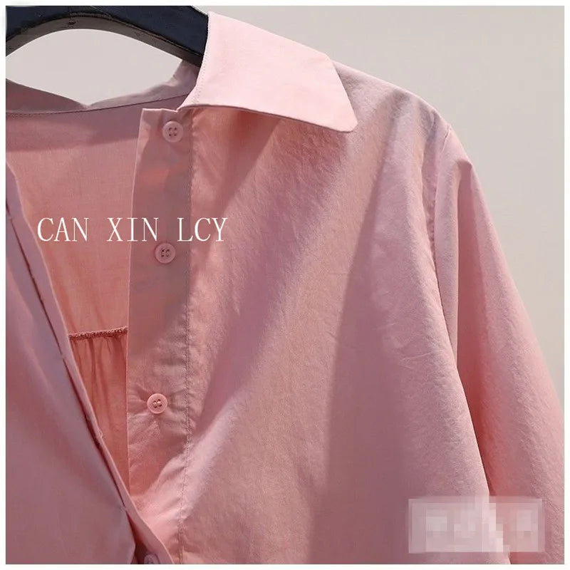 Design Pleated Lace up Long Sleeve Pink Cotton Shirt Women Spring Summer Korean Loose Solid Blouse Chic Elegant Casual Pink Top