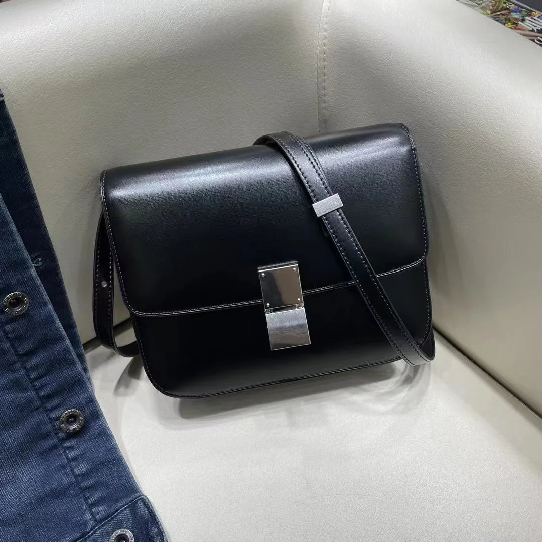 Silver Lock Box Black Women's Bag Luxury Crossbody Bag Tofu Square Shoulder Bag Messenger Real Leather Flap Lady Handbag 2023