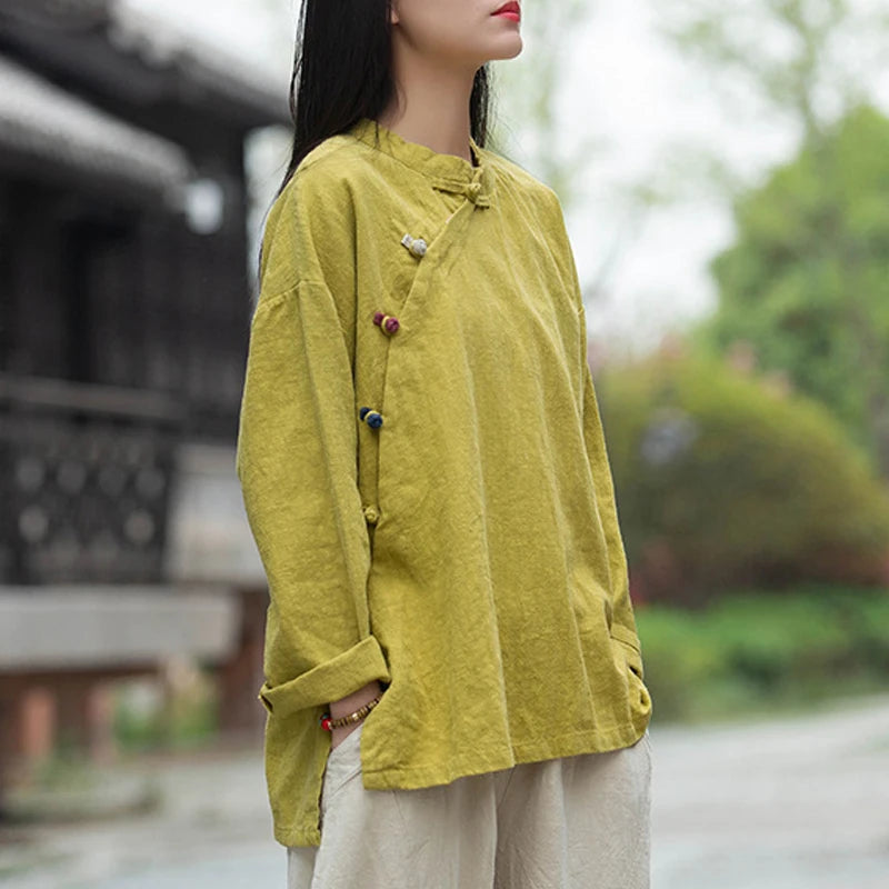 Johnature Women Vintage Cotton Linen Shirts And Tops Stand Long Sleeve 2024 Spring New Chinese Style Button Loose Blouses Shirts