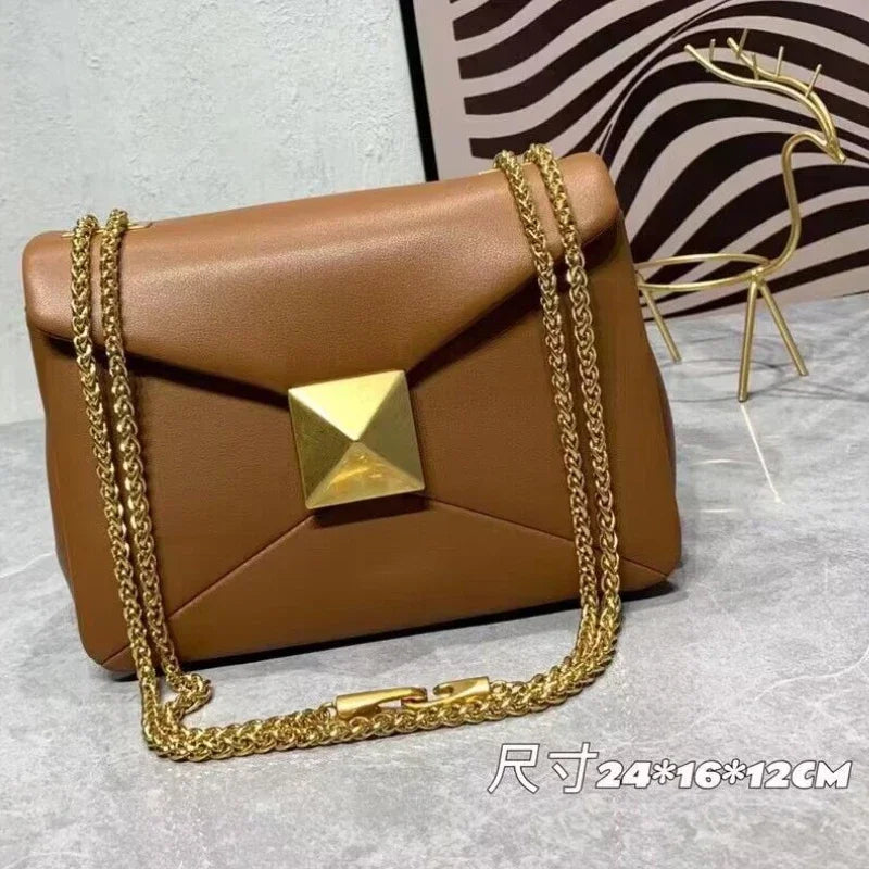 Women's Luxury Designer Handbag Top Quality Genuine Leather Large Rivet Crossbody Shoulder Bag Fashion Chain Square Bag Female