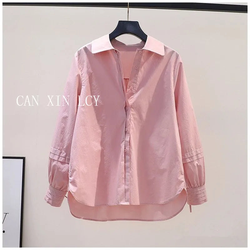 Design Pleated Lace up Long Sleeve Pink Cotton Shirt Women Spring Summer Korean Loose Solid Blouse Chic Elegant Casual Pink Top