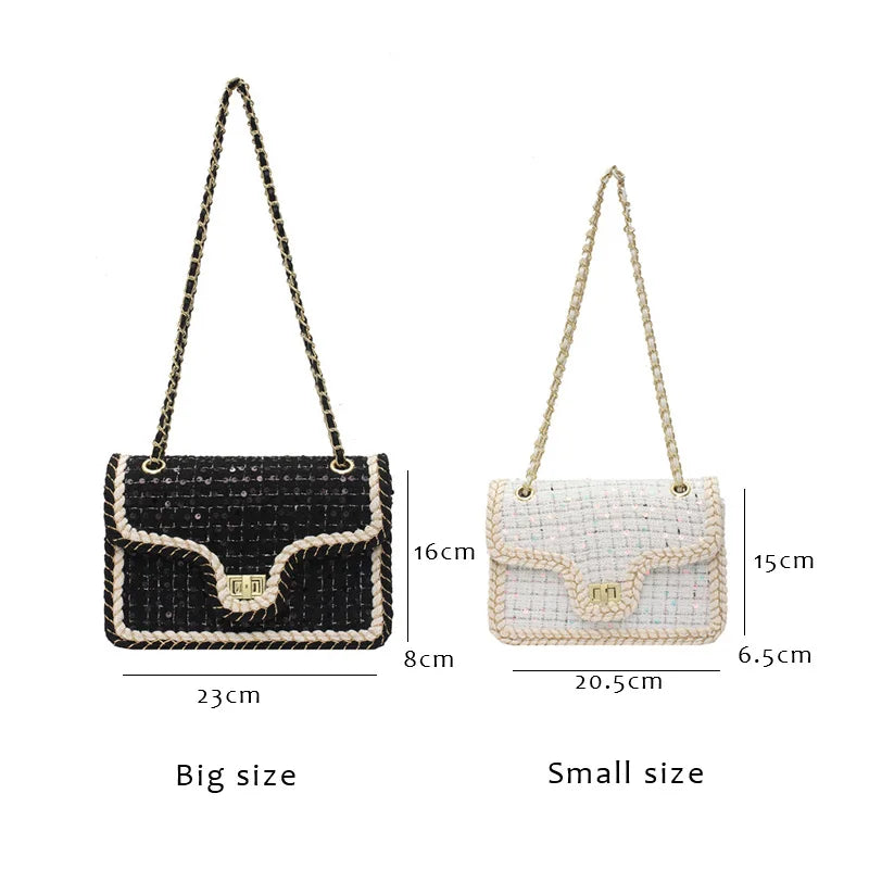 Luxury Chains Shoulder Handbags and Purses for Women Black Messenger Bag 2022 Trend Plaid Woolen Flap Lock Crossbody Sling Bags