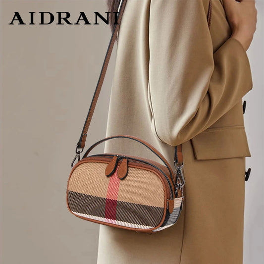 Aidrani  Checkered women's single shoulder crossbody bag, made of canvas cowhide material, round, brown