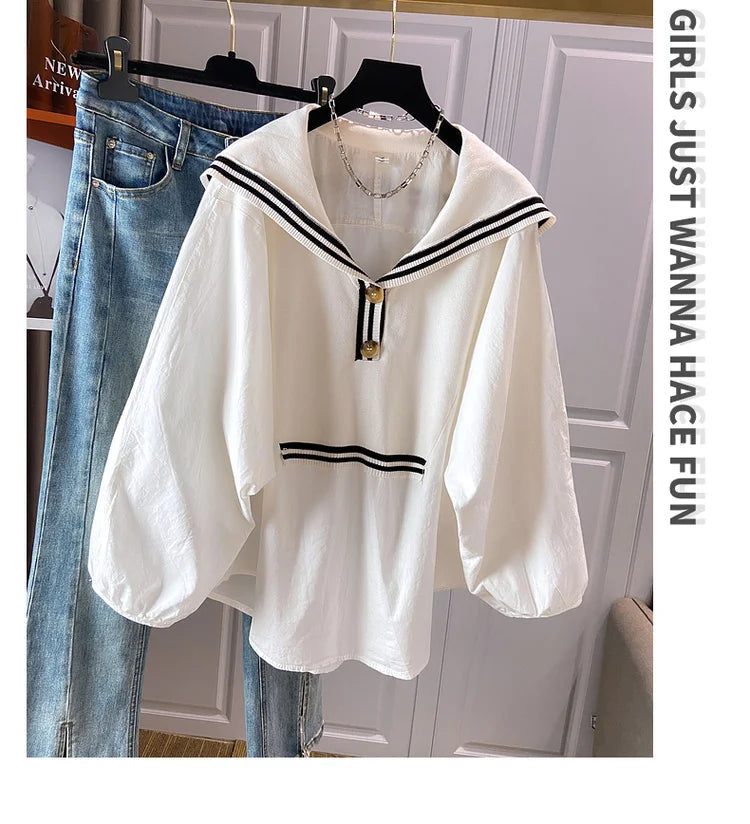 Spring 2024 Summer Preppy Style Women's Shirts Loose Plus Size Sailor Collar Lady White Color Tops Long Sleeve Female Blouse K96