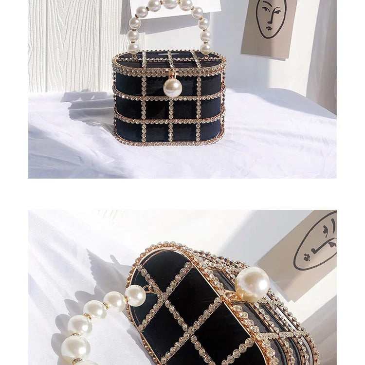 Diamonds Basket Evening Clutch Bags Women Luxury Hollow Out Pearl Beaded Metallic Cage Handbags Ladies Wedding Party Purse