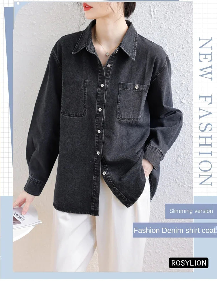 Ladies Black Denim Shirt Women Casual Sun Protection Loose Thin Long-sleeved Cotton Shirt Coat Button Up Top Top Streetwear S-XL