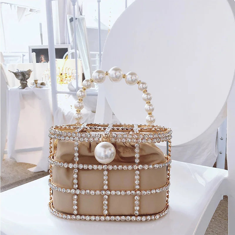 Diamonds Basket Evening Clutch Bags Women Luxury Hollow Out Pearl Beaded Metallic Cage Handbags Ladies Wedding Party Purse