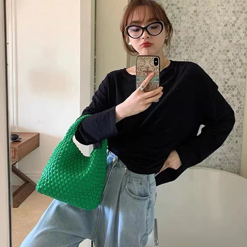 2023 Summer Leather Woven Tote Bag Brand Design Women Handbags Luxury Soft Pu Leather Tote Bag Pink Green Shopper Purses