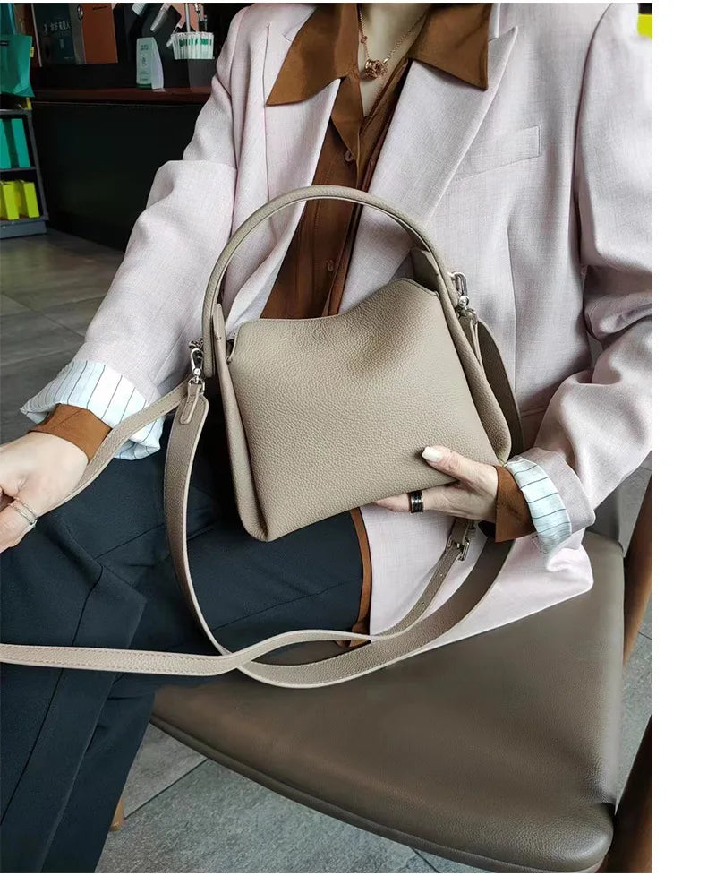 Elegant 100% Natural Togo Cowhide Leather Tote Wide Straps Female Shoulder Bag Grey Black Doctor Bag Luxury Girl Handbag