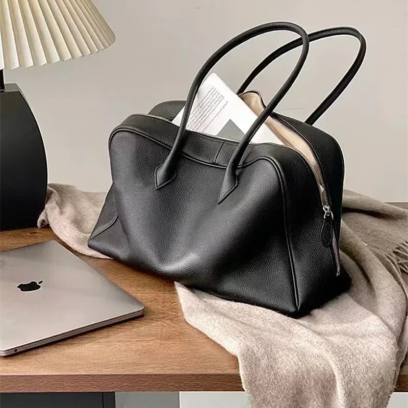 New Large Flipped High-grade Commuter Laptop Pillow Tote Marroon Natural Cow Leather Women Handbag Leisure Office Shoulder Bag