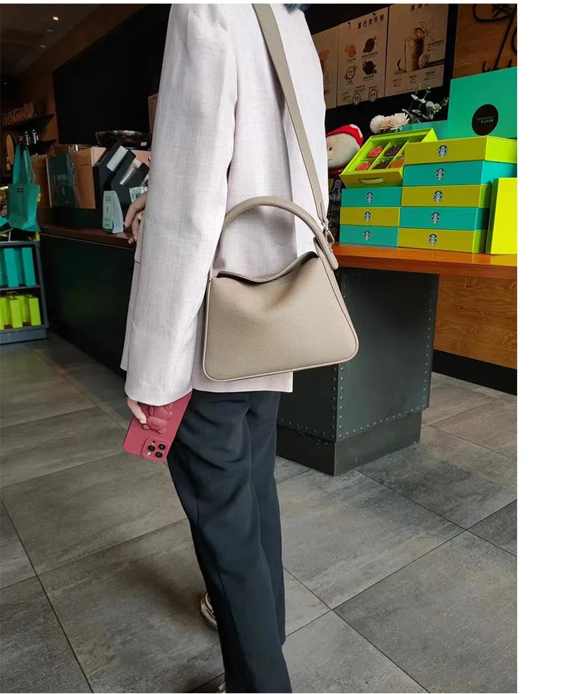 Elegant 100% Natural Togo Cowhide Leather Tote Wide Straps Female Shoulder Bag Grey Black Doctor Bag Luxury Girl Handbag