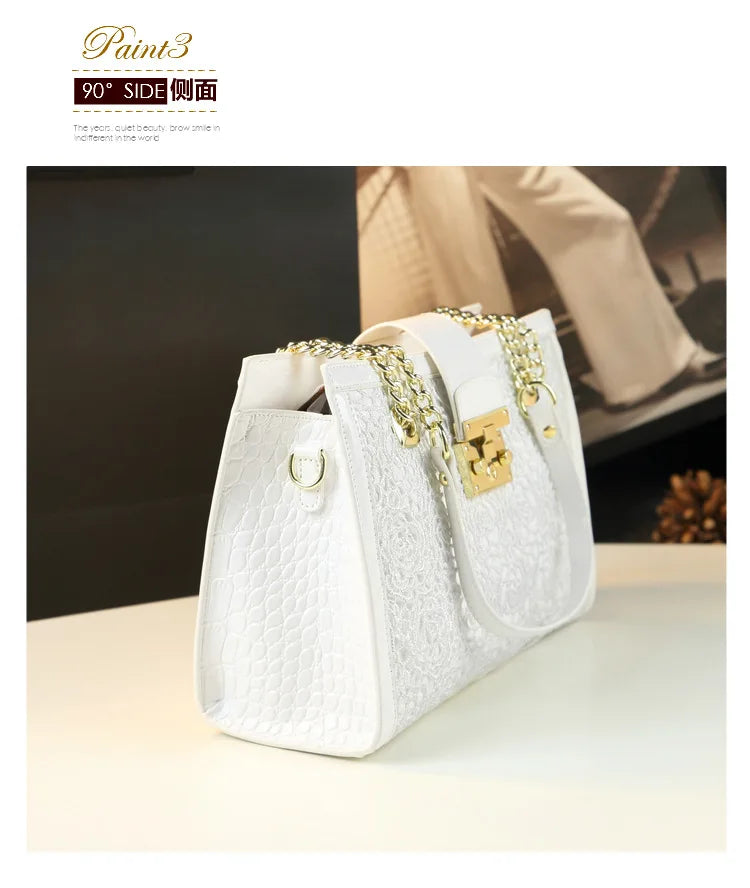 Fashion Noble Women Shoulder Lace Crocodile Print Handbag Luxury Patent Leather Chains Elegant Tote Ladies Clutch Bags 2023 New