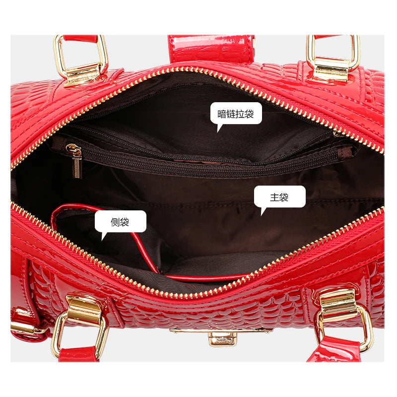 Aidrani Red Crocodile Tail Boston Bag, Fashion Women's Genuine Leather Bag, Cowhide Handbag  Single Shoulder Bag