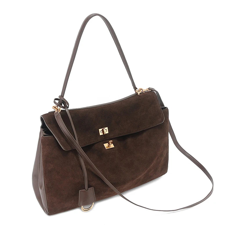 2024 Winter Fashion Gold Buckle Women Handbags Genuine Leather Brown Suede Women Shoulder Bags Luxury Brand Rodeo Women Totes