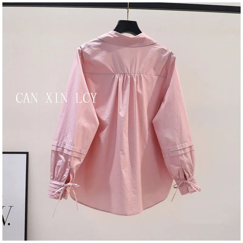 Design Pleated Lace up Long Sleeve Pink Cotton Shirt Women Spring Summer Korean Loose Solid Blouse Chic Elegant Casual Pink Top