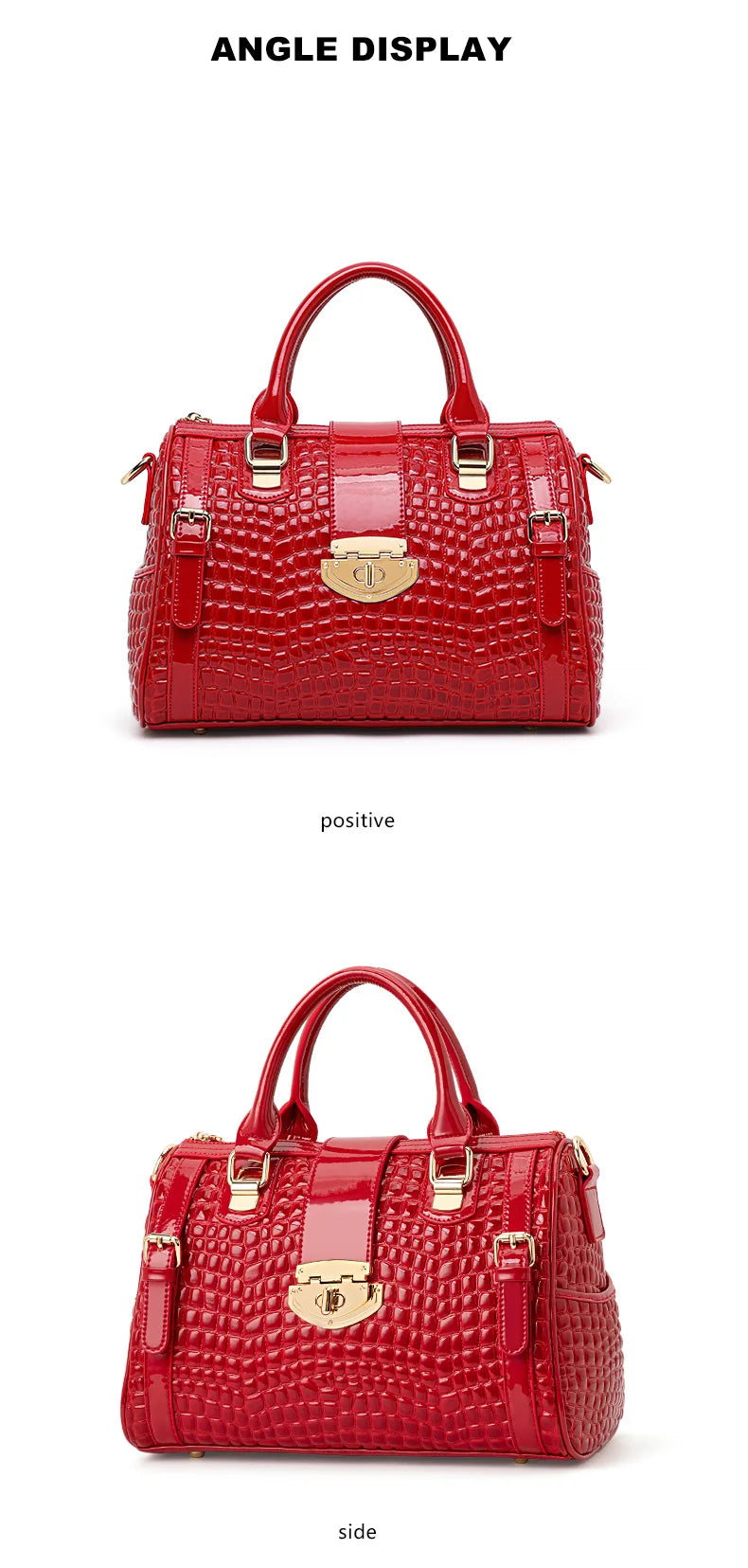 Aidrani Red Crocodile Tail Boston Bag, Fashion Women's Genuine Leather Bag, Cowhide Handbag  Single Shoulder Bag