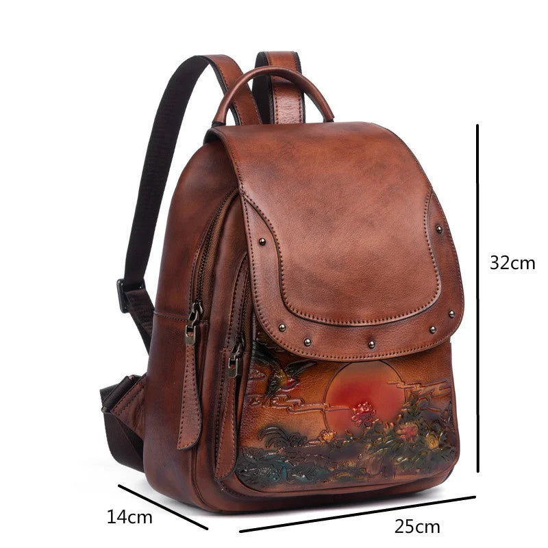 MOTAORA Vintage Embossed Women Backpack Genuine Leather Book Bag Soft Cowhide Luxury Backpacks For School Teenagers Girls New