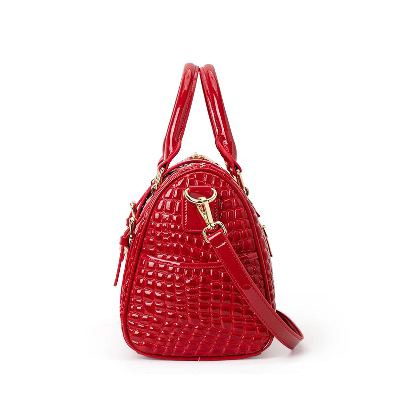 Aidrani Red Crocodile Tail Boston Bag, Fashion Women's Genuine Leather Bag, Cowhide Handbag  Single Shoulder Bag