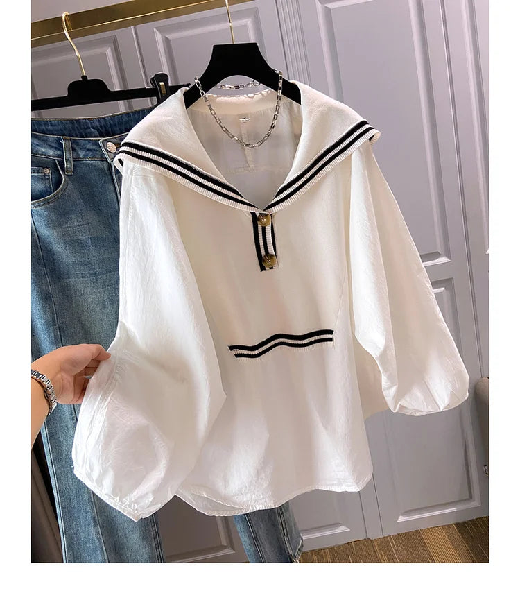 Spring 2024 Summer Preppy Style Women's Shirts Loose Plus Size Sailor Collar Lady White Color Tops Long Sleeve Female Blouse K96