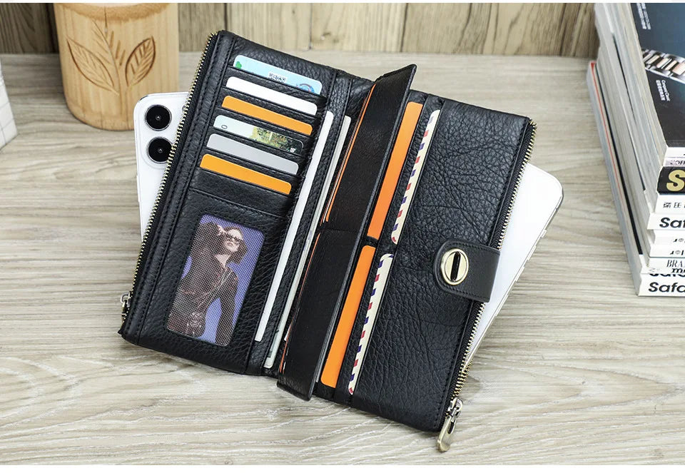 YKOSM Long Women Airtag Wallet Luxury Genuine Leather Zipper Purse Lady RFID Blocking ID Credit Card Bag Anti-lost Card Holder