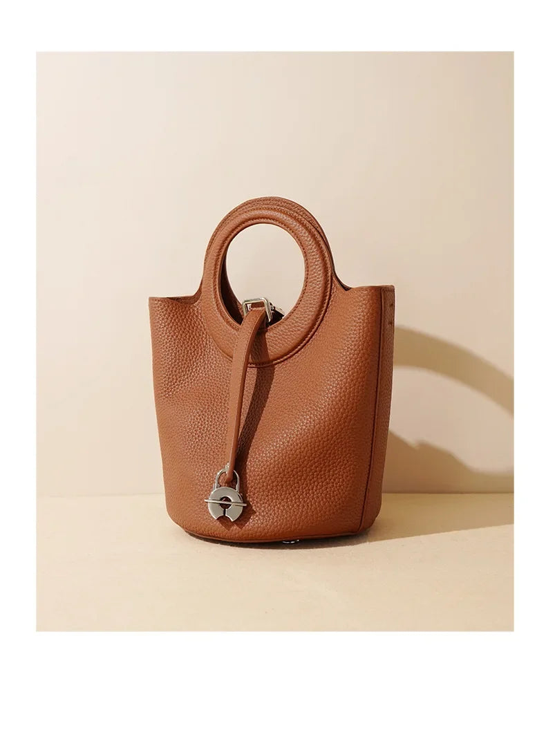 Genuine Leather Women's Small Bucket Bag Vegetable Basket Head Layer Cowhide New Handbag Shoulder Crossbody Luxury Designer 2025